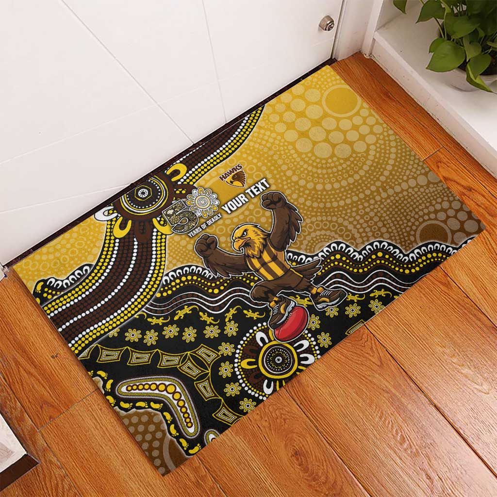 Personalized Hawks Football Mascot Rubber Doormat Aboriginal Dot Art Style Vibrant Indigenous Pattern Design