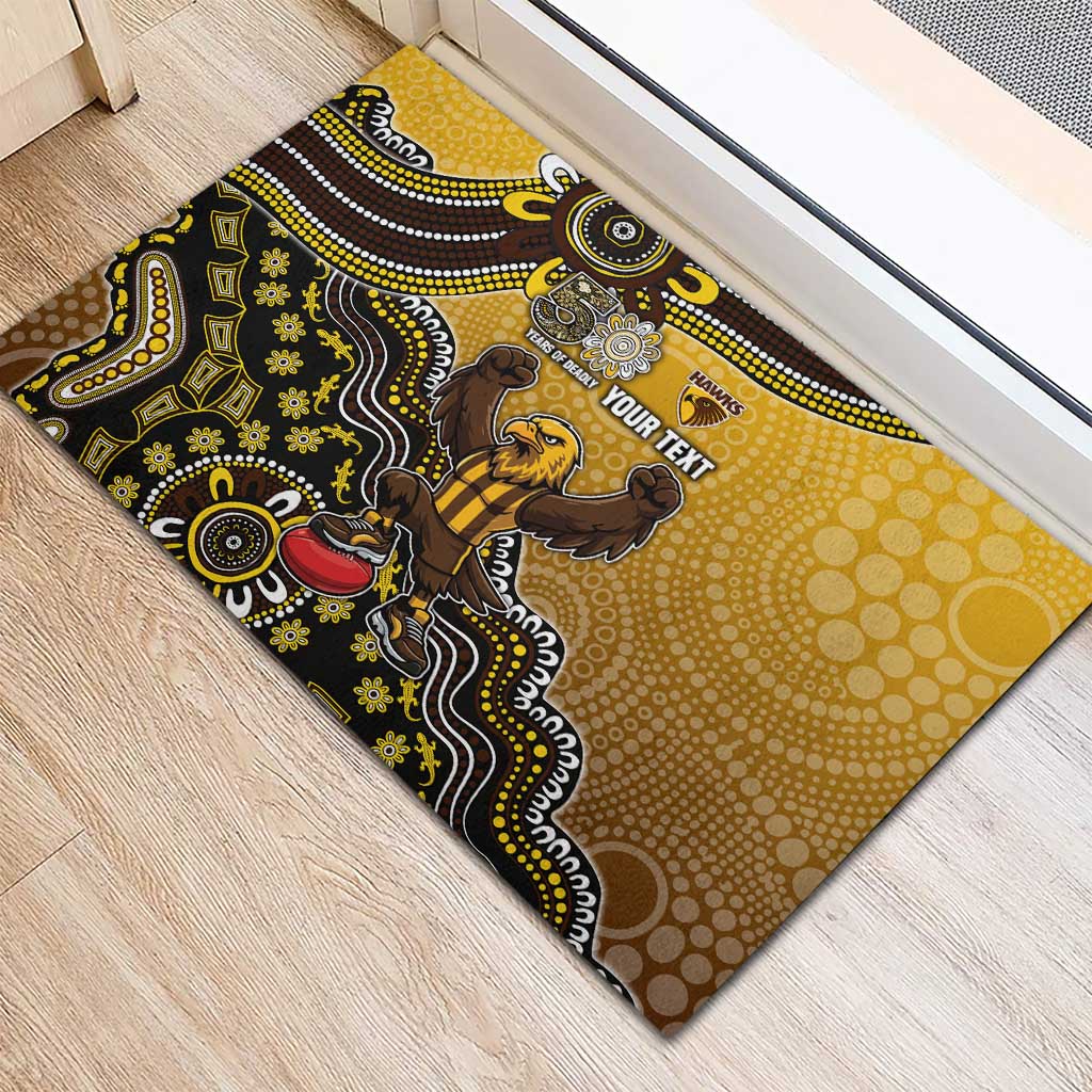Personalized Hawks Football Mascot Rubber Doormat Aboriginal Dot Art Style Vibrant Indigenous Pattern Design