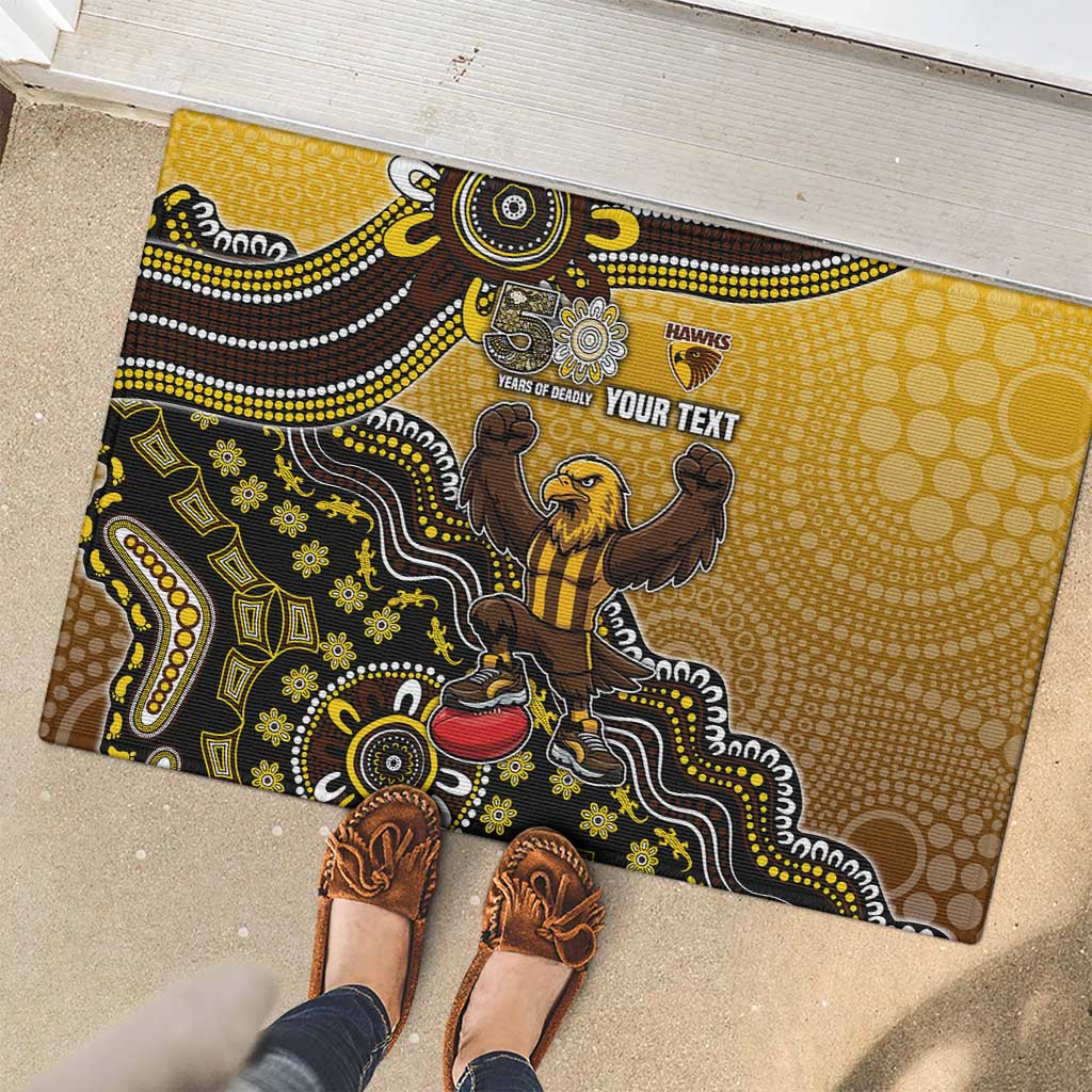 Personalized Hawks Football Mascot Rubber Doormat Aboriginal Dot Art Style Vibrant Indigenous Pattern Design