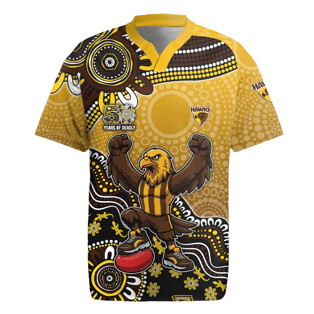 Personalized Hawks Football Mascot Rugby Jersey Aboriginal Dot Art Style Vibrant Indigenous Pattern Design