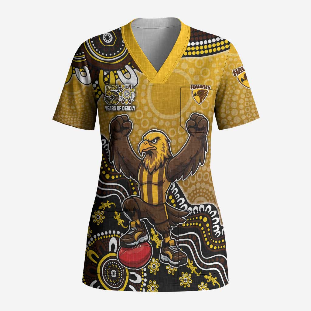 Personalized Hawks Football Mascot Scrub Top Aboriginal Dot Art Style Vibrant Indigenous Pattern Design