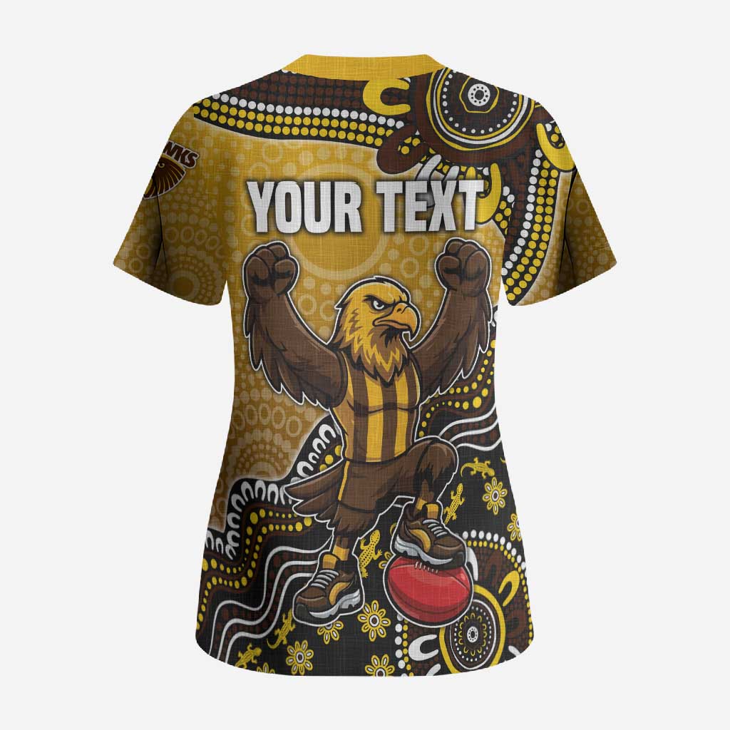 Personalized Hawks Football Mascot Scrub Top Aboriginal Dot Art Style Vibrant Indigenous Pattern Design