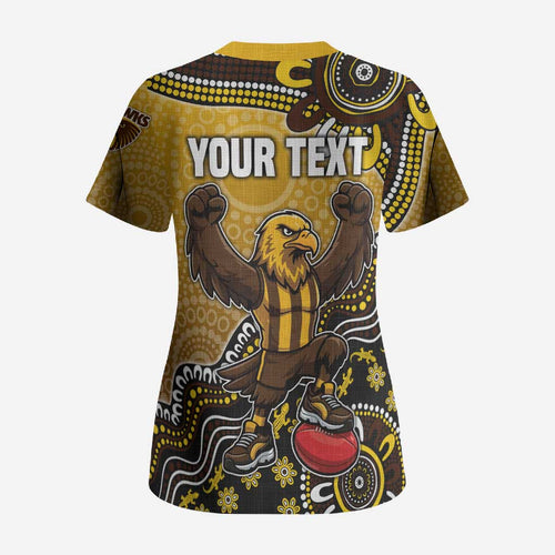 Personalized Hawks Football Mascot Scrub Top Aboriginal Dot Art Style Vibrant Indigenous Pattern Design
