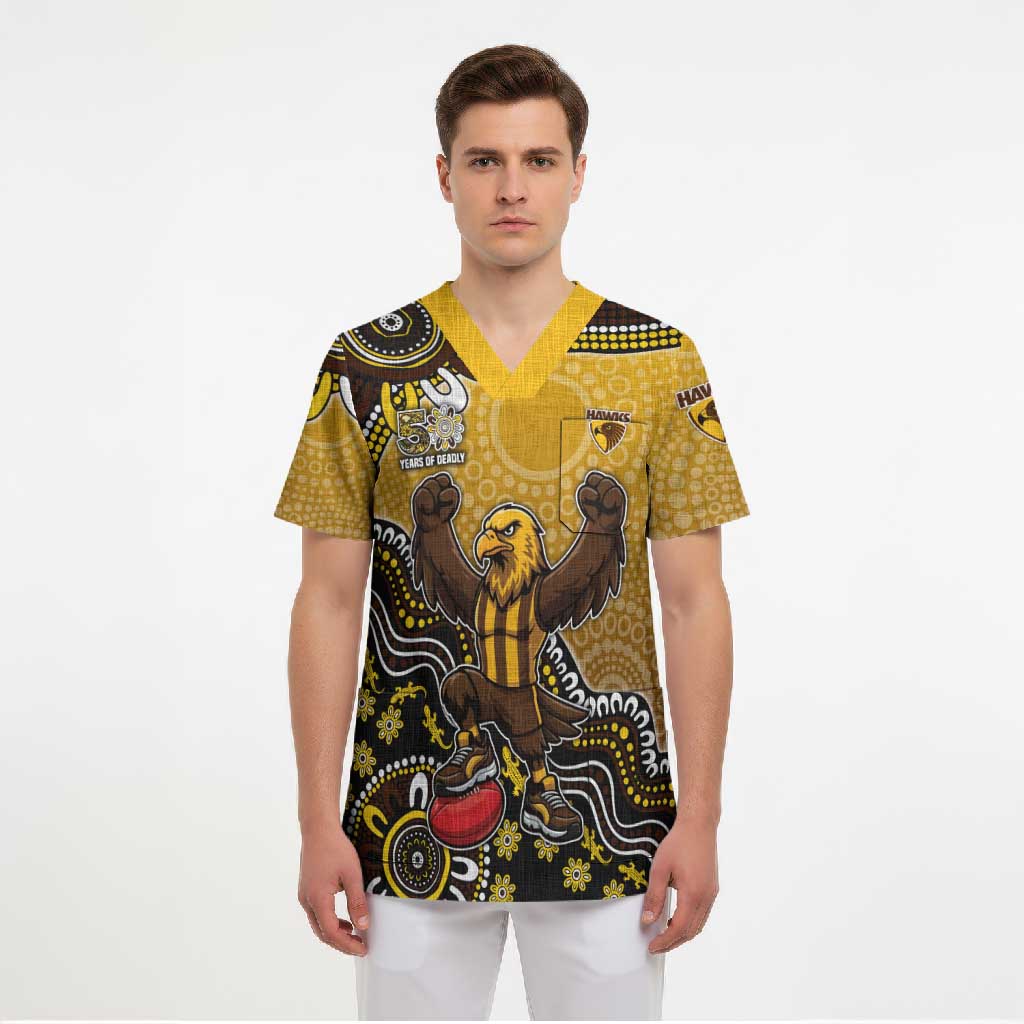 Personalized Hawks Football Mascot Scrub Top Aboriginal Dot Art Style Vibrant Indigenous Pattern Design