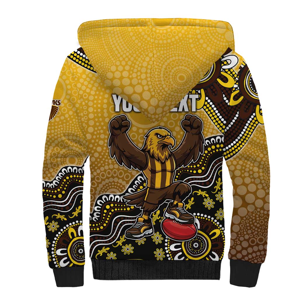 Personalized Hawks Football Mascot Sherpa Hoodie Aboriginal Dot Art Style Vibrant Indigenous Pattern Design