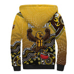 Personalized Hawks Football Mascot Sherpa Hoodie Aboriginal Dot Art Style Vibrant Indigenous Pattern Design