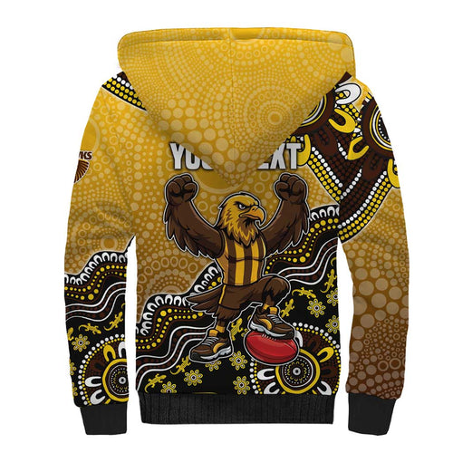 Personalized Hawks Football Mascot Sherpa Hoodie Aboriginal Dot Art Style Vibrant Indigenous Pattern Design