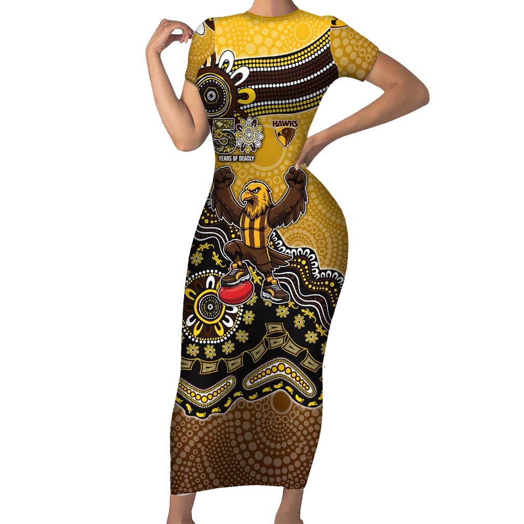 Personalized Hawks Football Mascot Short Sleeve Bodycon Dress Aboriginal Dot Art Style Vibrant Indigenous Pattern Design