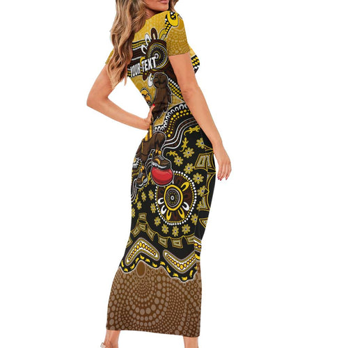 Personalized Hawks Football Mascot Short Sleeve Bodycon Dress Aboriginal Dot Art Style Vibrant Indigenous Pattern Design