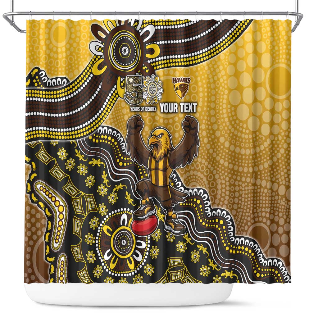 Personalized Hawks Football Mascot Shower Curtain Aboriginal Dot Art Style Vibrant Indigenous Pattern Design
