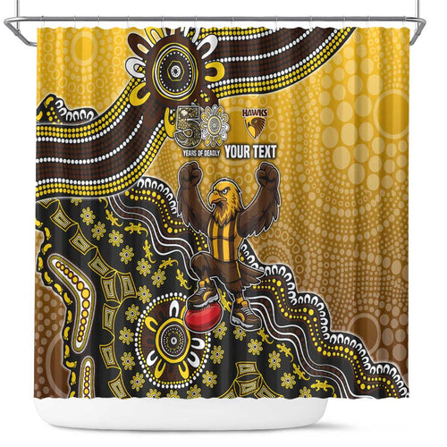 Personalized Hawks Football Mascot Shower Curtain Aboriginal Dot Art Style Vibrant Indigenous Pattern Design