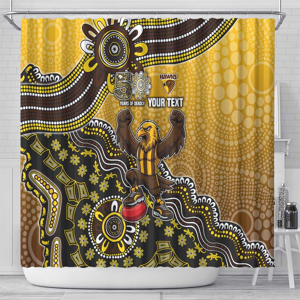 Personalized Hawks Football Mascot Shower Curtain Aboriginal Dot Art Style Vibrant Indigenous Pattern Design