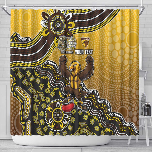 Personalized Hawks Football Mascot Shower Curtain Aboriginal Dot Art Style Vibrant Indigenous Pattern Design