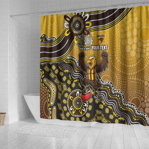 Personalized Hawks Football Mascot Shower Curtain Aboriginal Dot Art Style Vibrant Indigenous Pattern Design