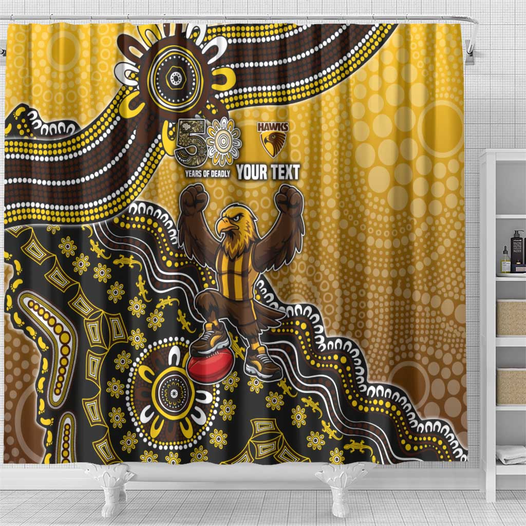 Personalized Hawks Football Mascot Shower Curtain Aboriginal Dot Art Style Vibrant Indigenous Pattern Design