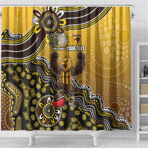 Personalized Hawks Football Mascot Shower Curtain Aboriginal Dot Art Style Vibrant Indigenous Pattern Design
