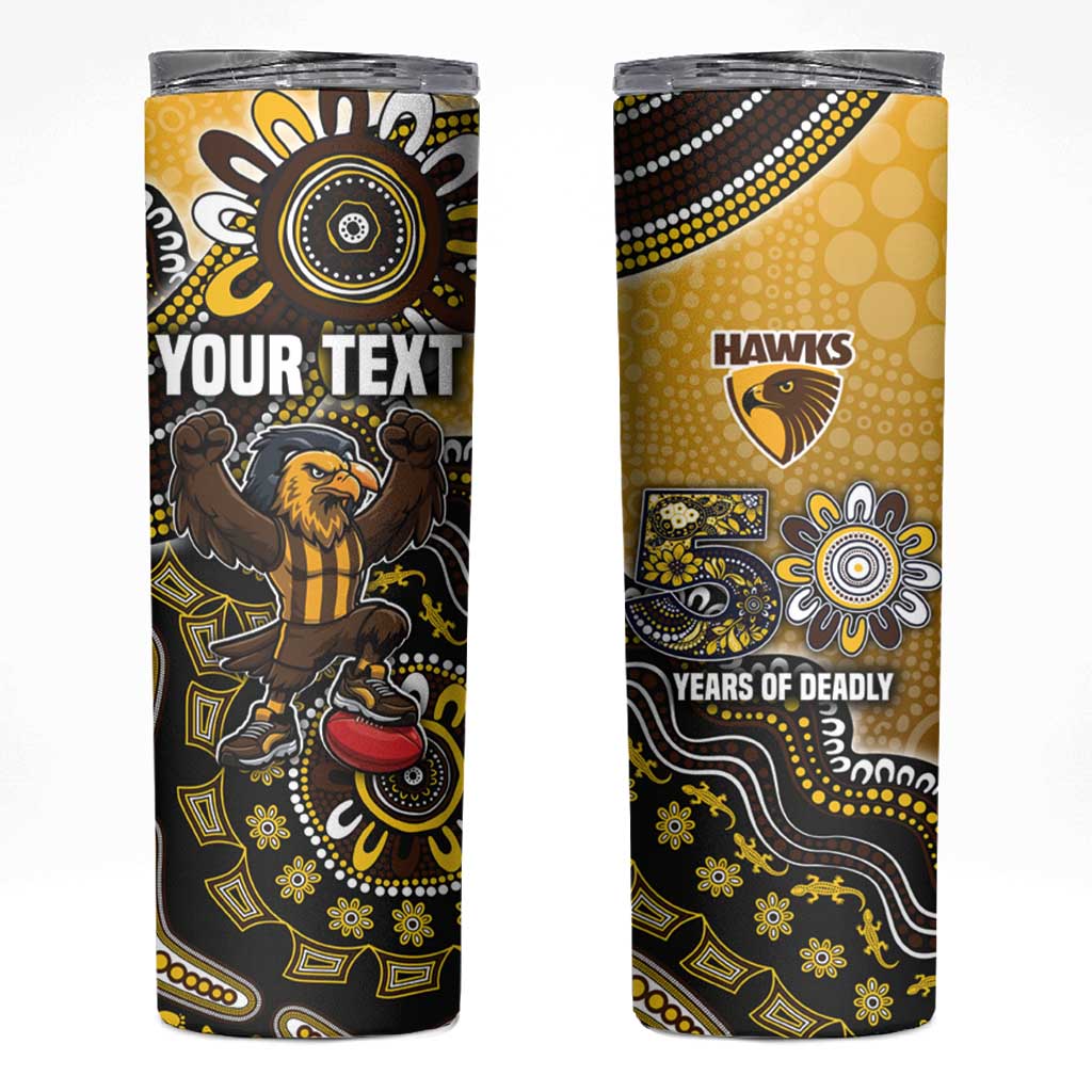 Personalized Hawks Football Mascot Skinny Tumbler Aboriginal Dot Art Style Vibrant Indigenous Pattern Design