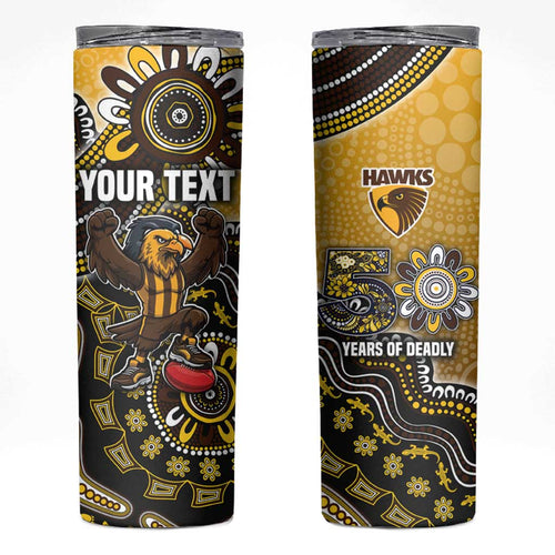 Personalized Hawks Football Mascot Skinny Tumbler Aboriginal Dot Art Style Vibrant Indigenous Pattern Design