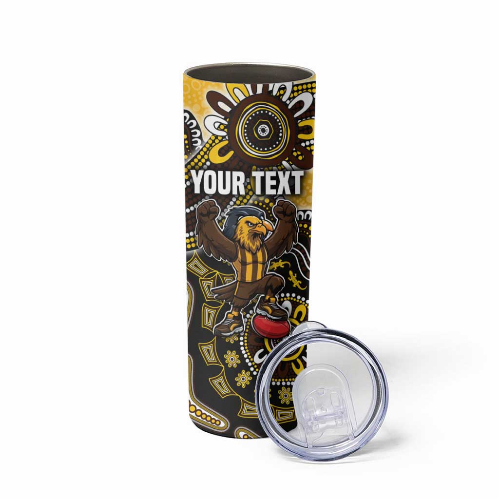 Personalized Hawks Football Mascot Skinny Tumbler Aboriginal Dot Art Style Vibrant Indigenous Pattern Design