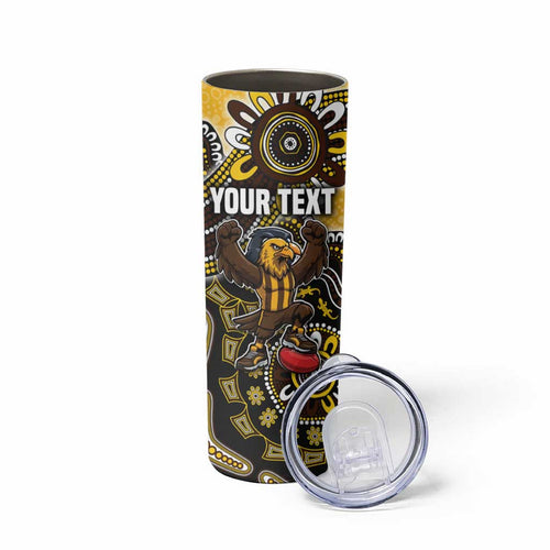 Personalized Hawks Football Mascot Skinny Tumbler Aboriginal Dot Art Style Vibrant Indigenous Pattern Design
