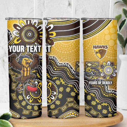 Personalized Hawks Football Mascot Skinny Tumbler Aboriginal Dot Art Style Vibrant Indigenous Pattern Design