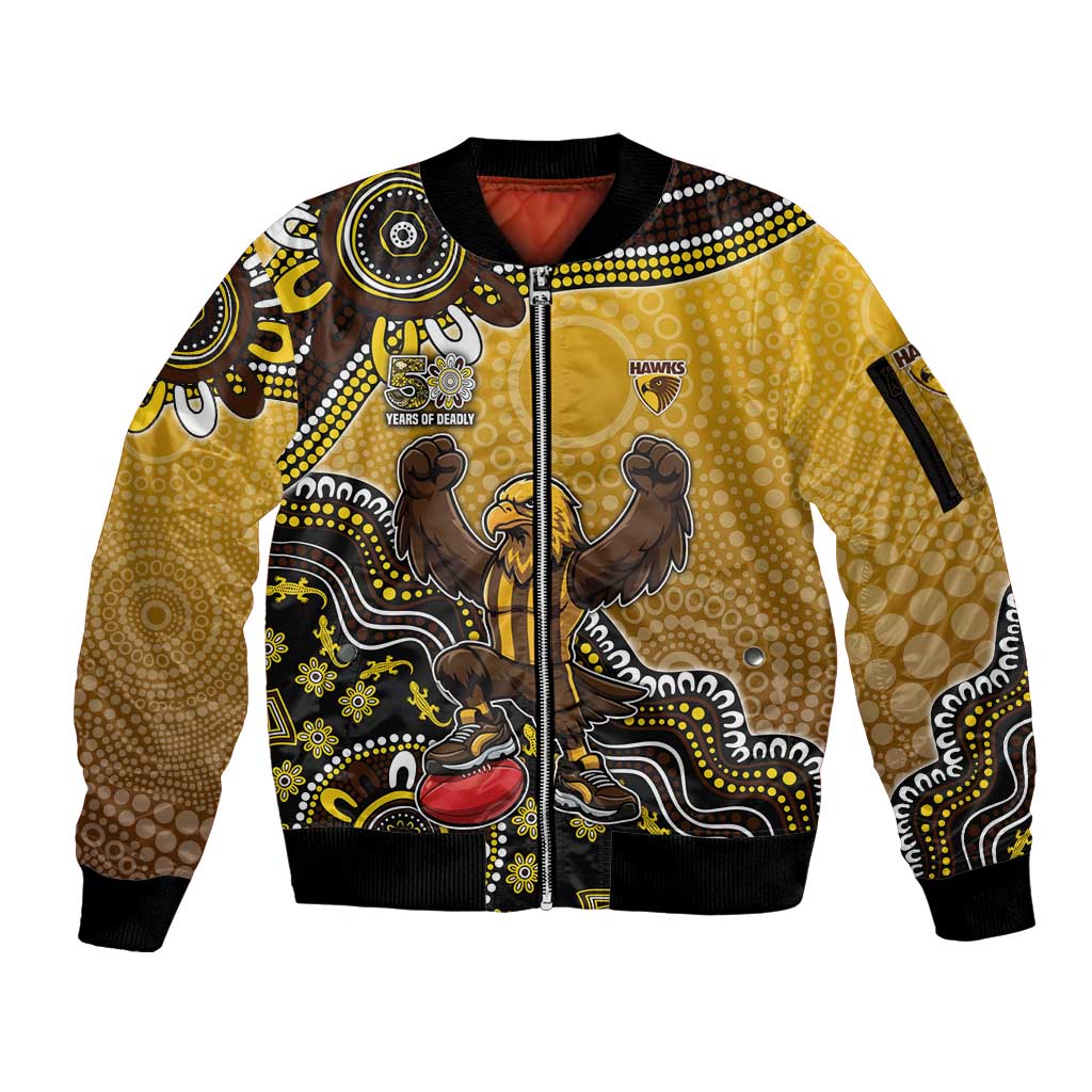 Personalized Hawks Football Mascot Sleeve Zip Bomber Jacket Aboriginal Dot Art Style Vibrant Indigenous Pattern Design