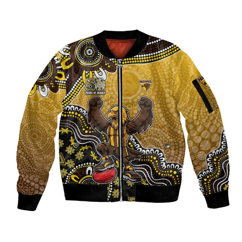 Personalized Hawks Football Mascot Sleeve Zip Bomber Jacket Aboriginal Dot Art Style Vibrant Indigenous Pattern Design