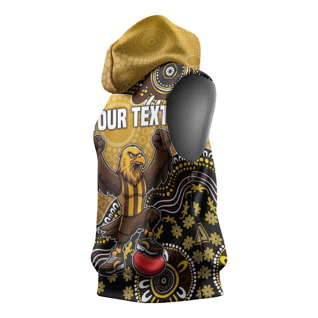 Personalized Hawks Football Mascot Sleeveless Hoodie Aboriginal Dot Art Style Vibrant Indigenous Pattern Design