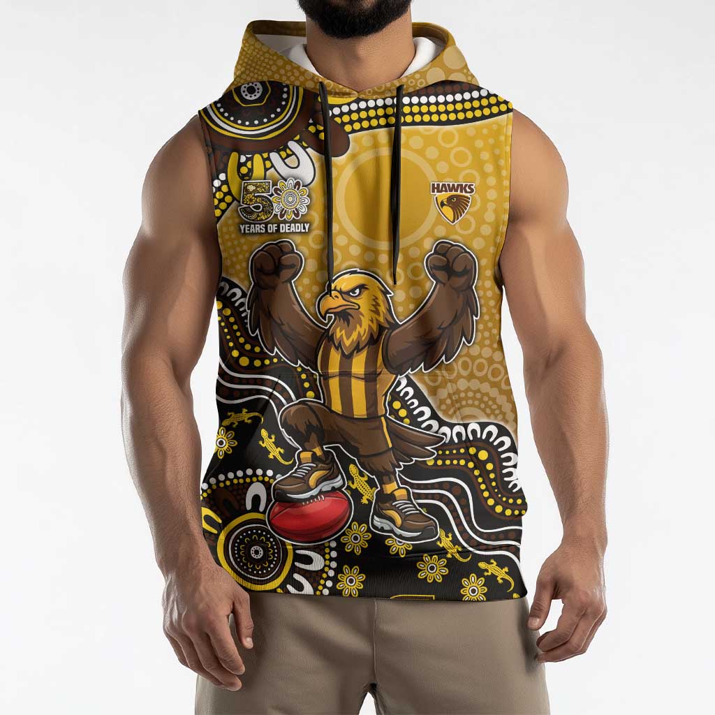 Personalized Hawks Football Mascot Sleeveless Hoodie Aboriginal Dot Art Style Vibrant Indigenous Pattern Design