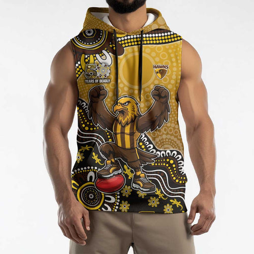 Personalized Hawks Football Mascot Sleeveless Hoodie Aboriginal Dot Art Style Vibrant Indigenous Pattern Design