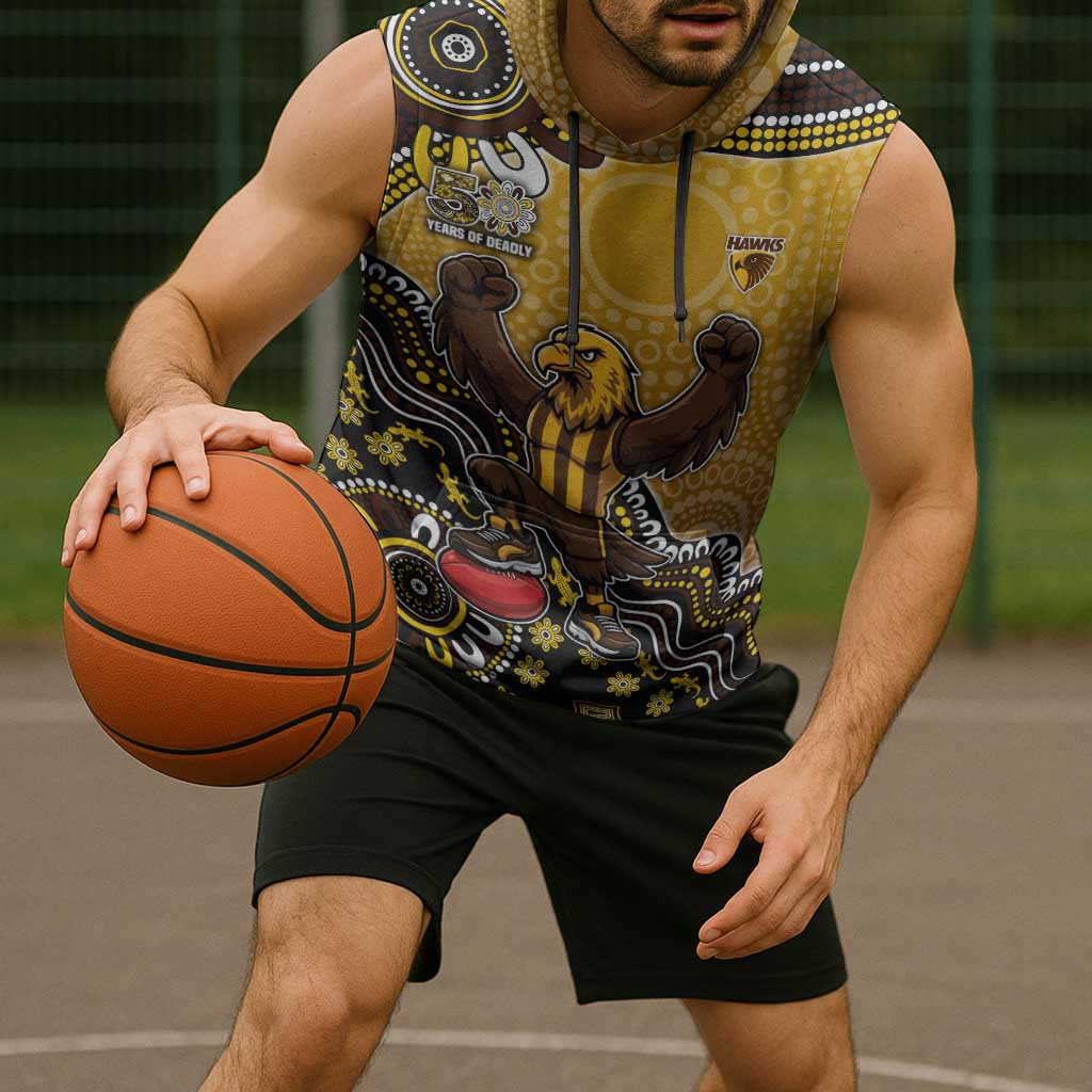Personalized Hawks Football Mascot Sleeveless Hoodie Aboriginal Dot Art Style Vibrant Indigenous Pattern Design