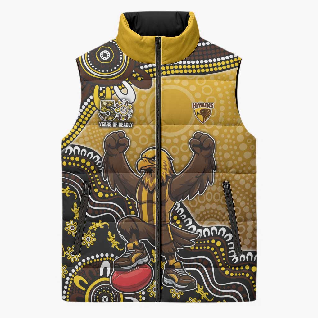 Personalized Hawks Football Mascot Sleeveless Puffer Jacket Aboriginal Dot Art Style Vibrant Indigenous Pattern Design