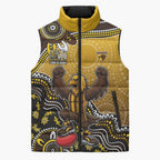 Personalized Hawks Football Mascot Sleeveless Puffer Jacket Aboriginal Dot Art Style Vibrant Indigenous Pattern Design