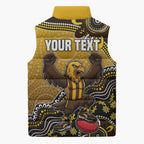 Personalized Hawks Football Mascot Sleeveless Puffer Jacket Aboriginal Dot Art Style Vibrant Indigenous Pattern Design