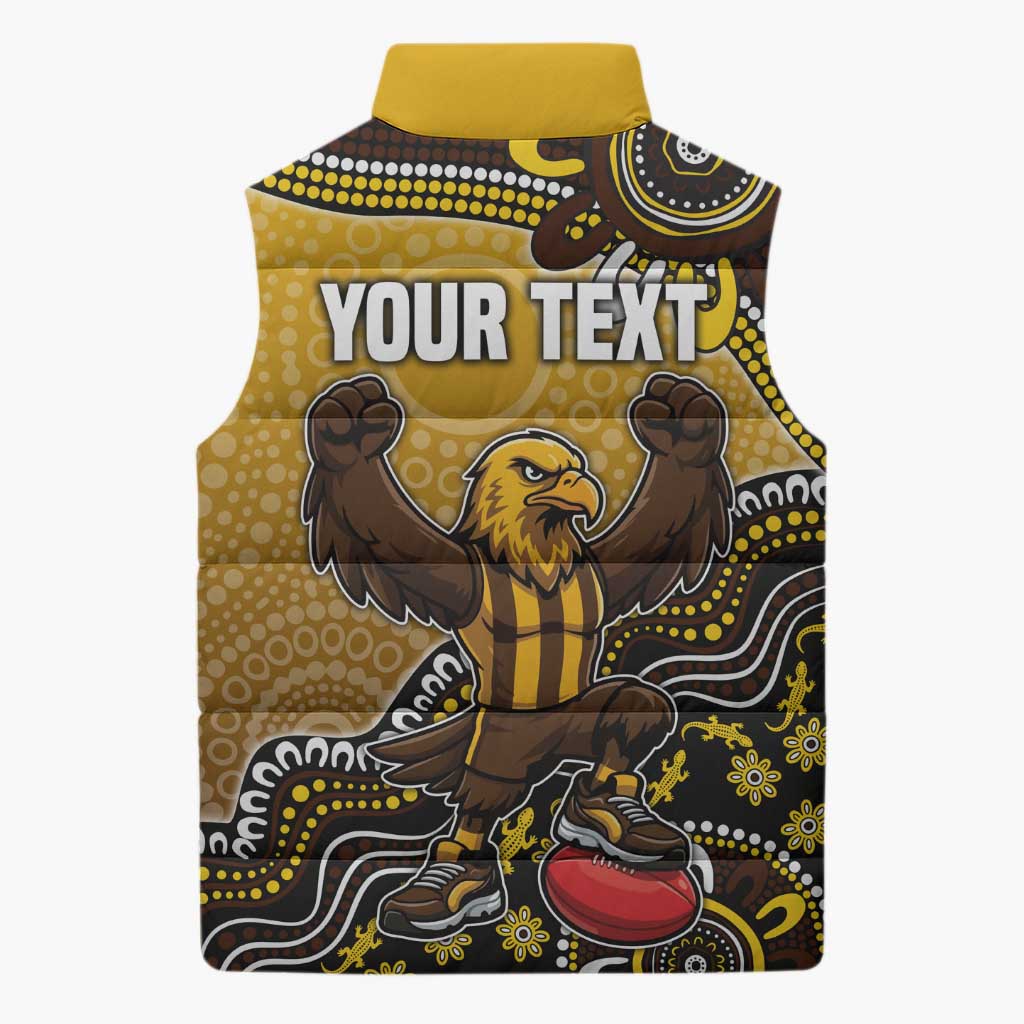 Personalized Hawks Football Mascot Sleeveless Puffer Jacket Aboriginal Dot Art Style Vibrant Indigenous Pattern Design