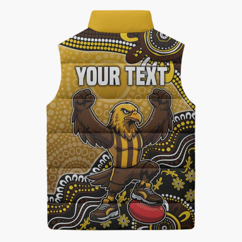 Personalized Hawks Football Mascot Sleeveless Puffer Jacket Aboriginal Dot Art Style Vibrant Indigenous Pattern Design