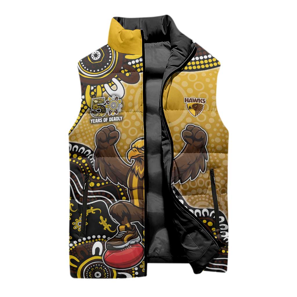 Personalized Hawks Football Mascot Sleeveless Puffer Jacket Aboriginal Dot Art Style Vibrant Indigenous Pattern Design