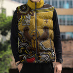 Personalized Hawks Football Mascot Sleeveless Puffer Jacket Aboriginal Dot Art Style Vibrant Indigenous Pattern Design