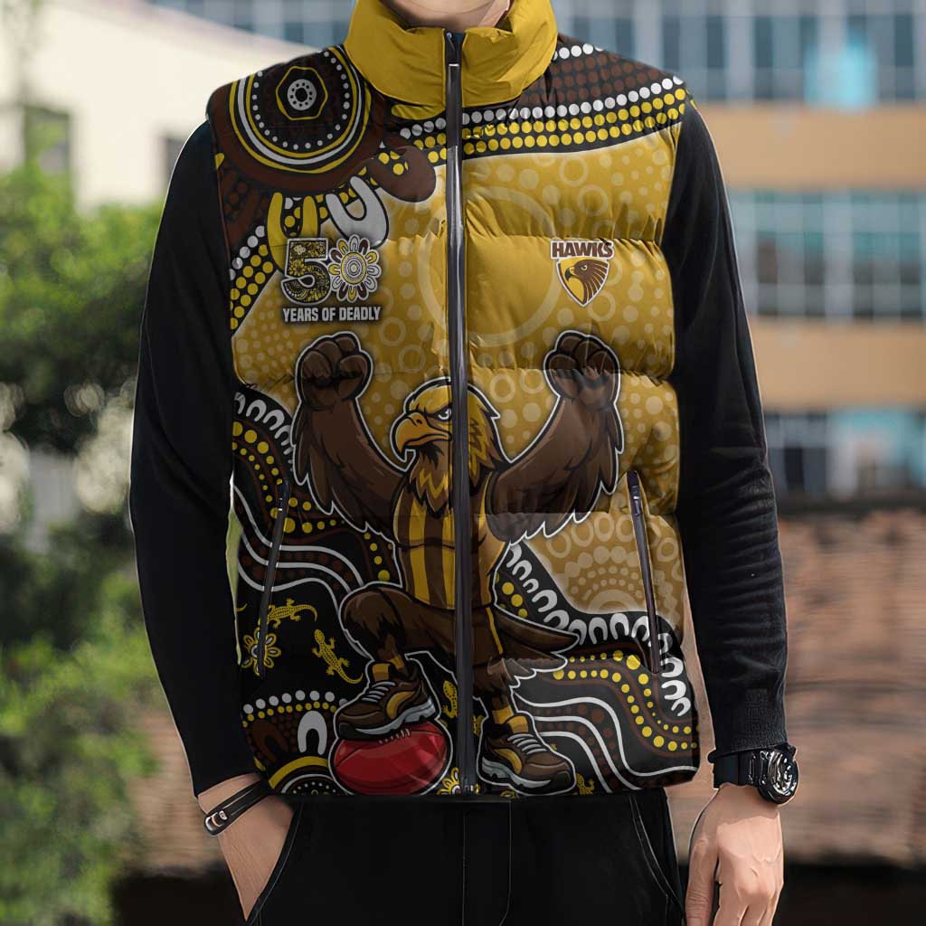 Personalized Hawks Football Mascot Sleeveless Puffer Jacket Aboriginal Dot Art Style Vibrant Indigenous Pattern Design