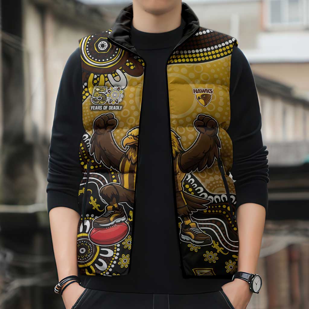 Personalized Hawks Football Mascot Sleeveless Puffer Jacket Aboriginal Dot Art Style Vibrant Indigenous Pattern Design