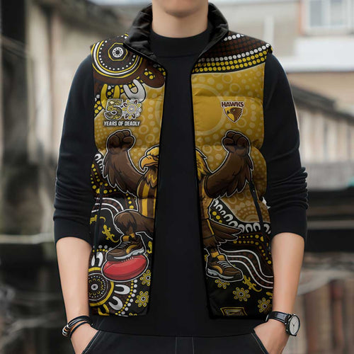 Personalized Hawks Football Mascot Sleeveless Puffer Jacket Aboriginal Dot Art Style Vibrant Indigenous Pattern Design