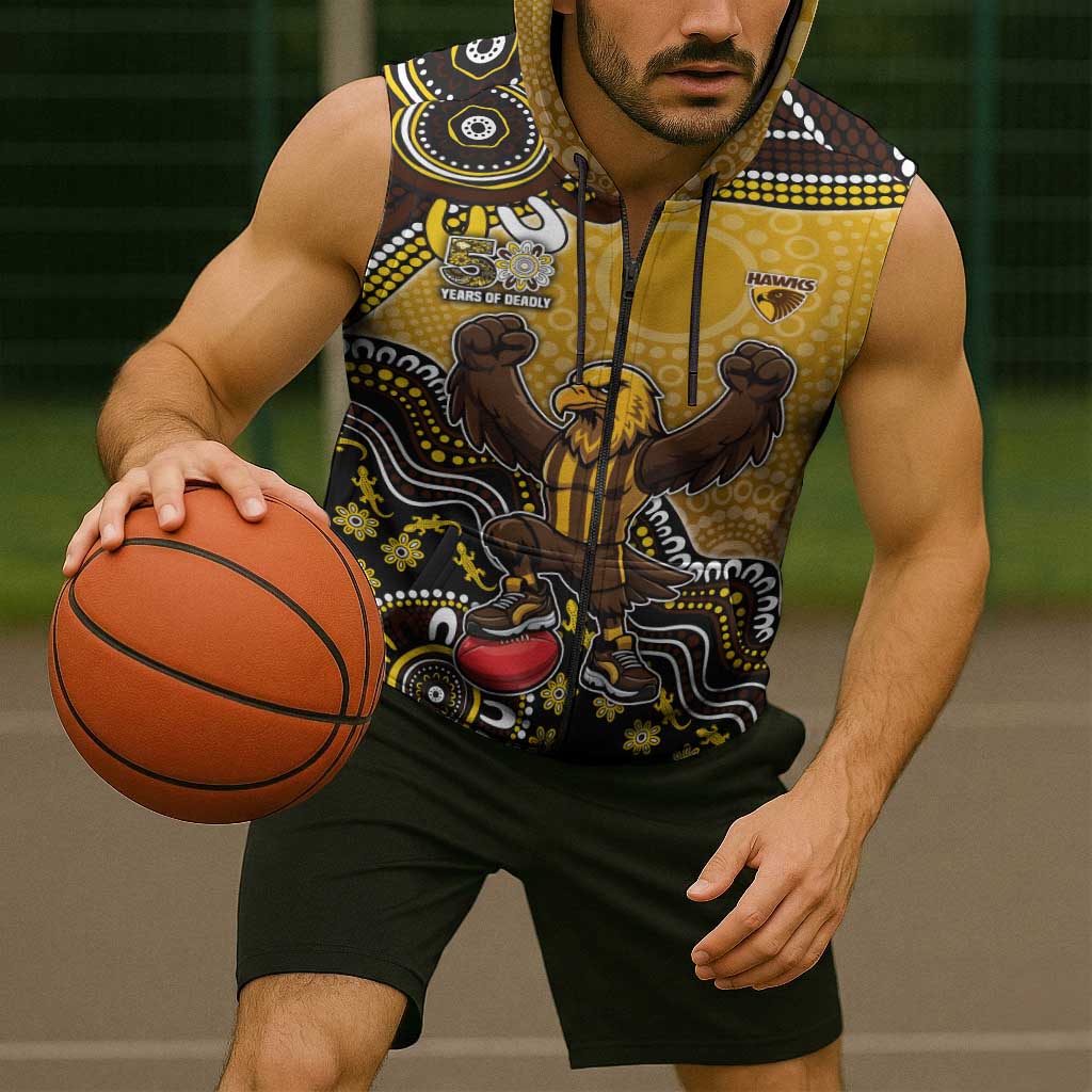 Personalized Hawks Football Mascot Sleeveless Zip Hoodie Aboriginal Dot Art Style Vibrant Indigenous Pattern Design