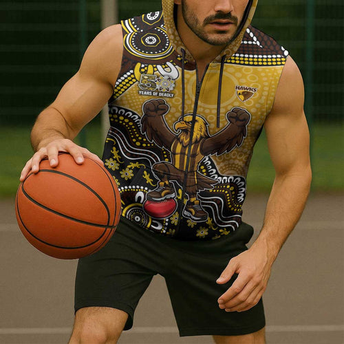 Personalized Hawks Football Mascot Sleeveless Zip Hoodie Aboriginal Dot Art Style Vibrant Indigenous Pattern Design