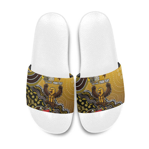 Personalized Hawks Football Mascot Slide Sandals Aboriginal Dot Art Style Vibrant Indigenous Pattern Design