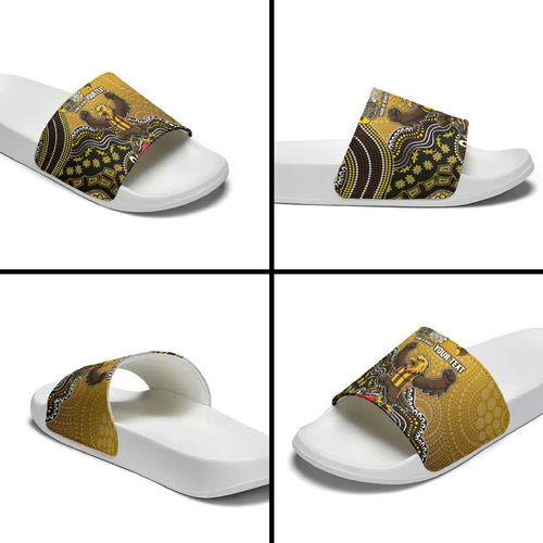 Personalized Hawks Football Mascot Slide Sandals Aboriginal Dot Art Style Vibrant Indigenous Pattern Design