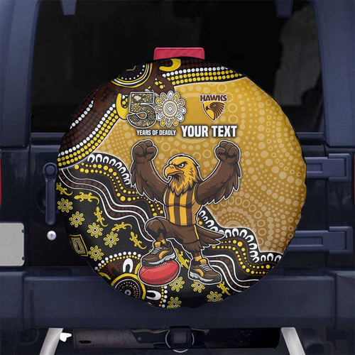 Personalized Hawks Football Mascot Spare Tire Cover Aboriginal Dot Art Style Vibrant Indigenous Pattern Design