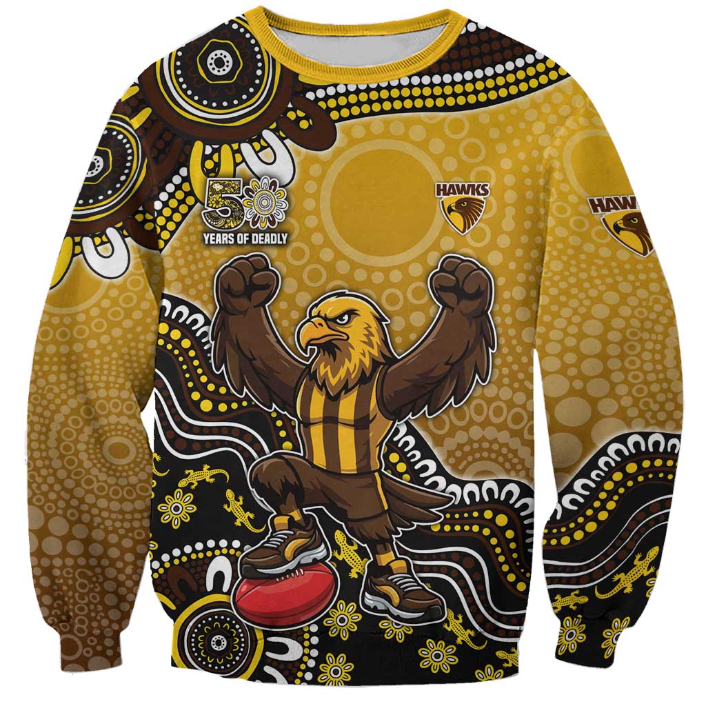 Personalized Hawks Football Mascot Sweatshirt Aboriginal Dot Art Style Vibrant Indigenous Pattern Design
