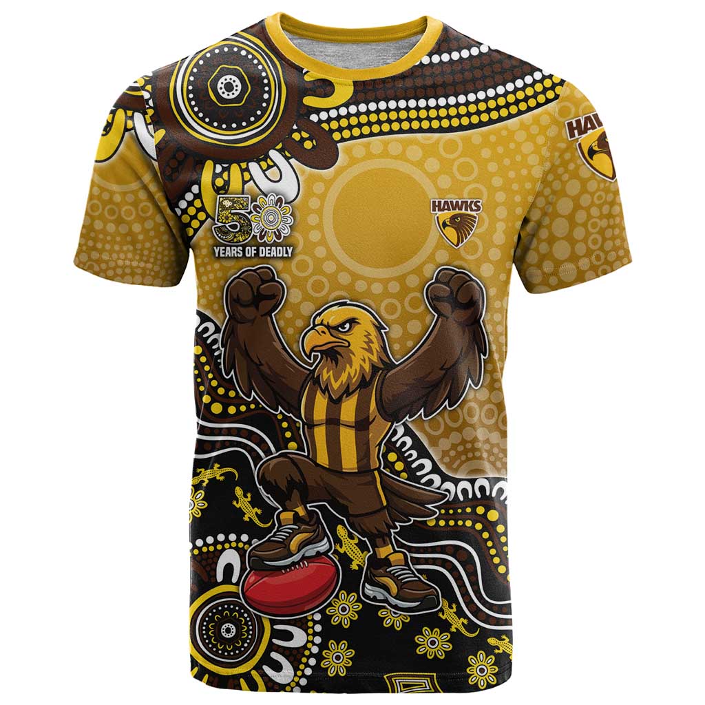 Personalized Hawks Football Mascot T Shirt Aboriginal Dot Art Style Vibrant Indigenous Pattern Design