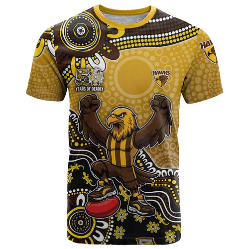 Personalized Hawks Football Mascot T Shirt Aboriginal Dot Art Style Vibrant Indigenous Pattern Design