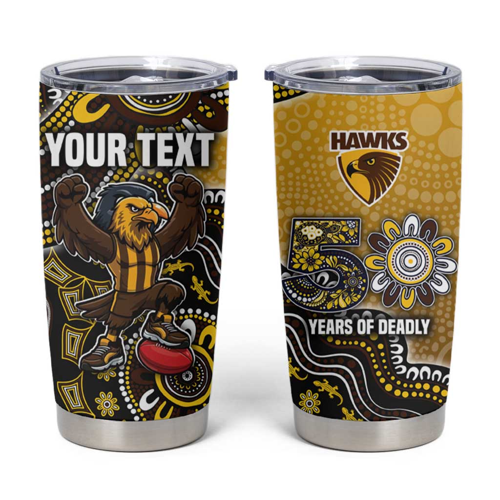 Personalized Hawks Football Mascot Tumbler Cup Aboriginal Dot Art Style Vibrant Indigenous Pattern Design